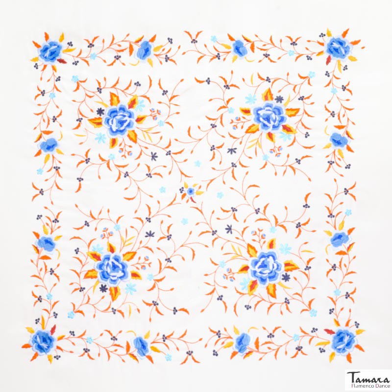 Manton de Manila Primaveral - Bordado Azul Otoñal Negro