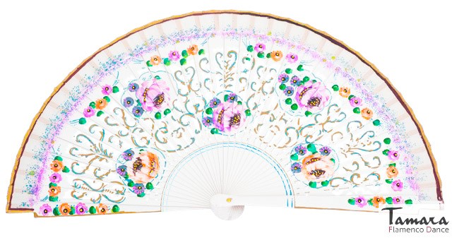 Abanico español pintado (23 cm) - Flores Blanco