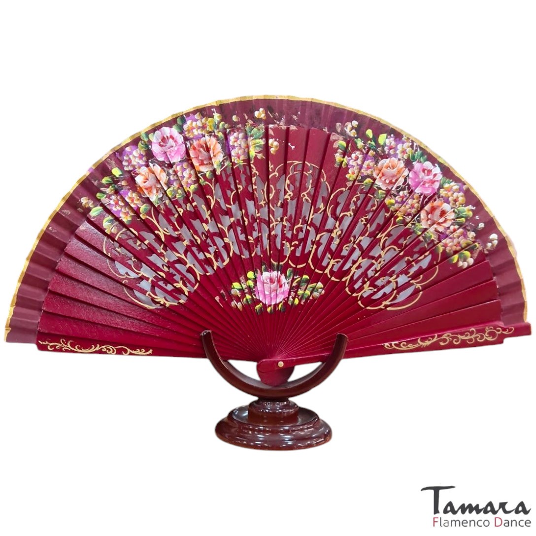 Abanico español pintado (23 cm) - Diseño 1 Burdeos