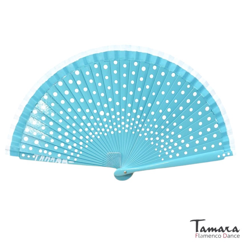 Abanico flamenco (19 cm) - Lunares blancos pintado a mano Turquesa