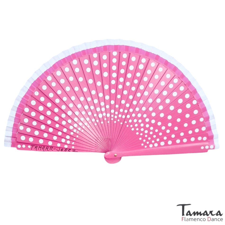 Abanico flamenco (19 cm) - Lunares blancos pintado a mano Fuxia