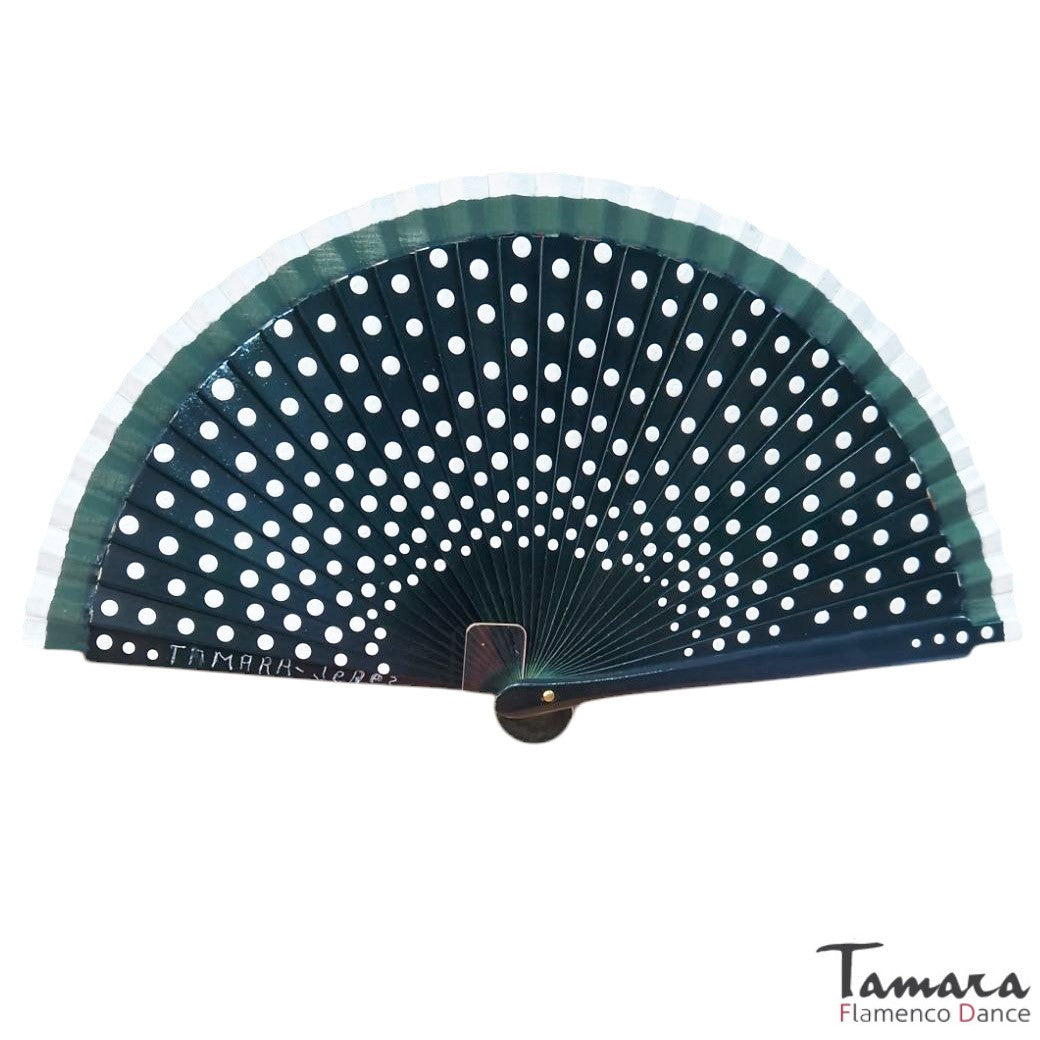 Abanico flamenco (19 cm) - Lunares blancos pintado a mano Verde Botella