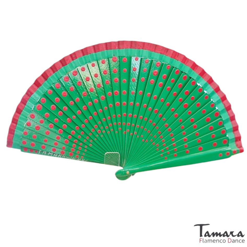 Abanico flamenco (19 cm) - Lunares rojos pintado a mano Verde Andalucia