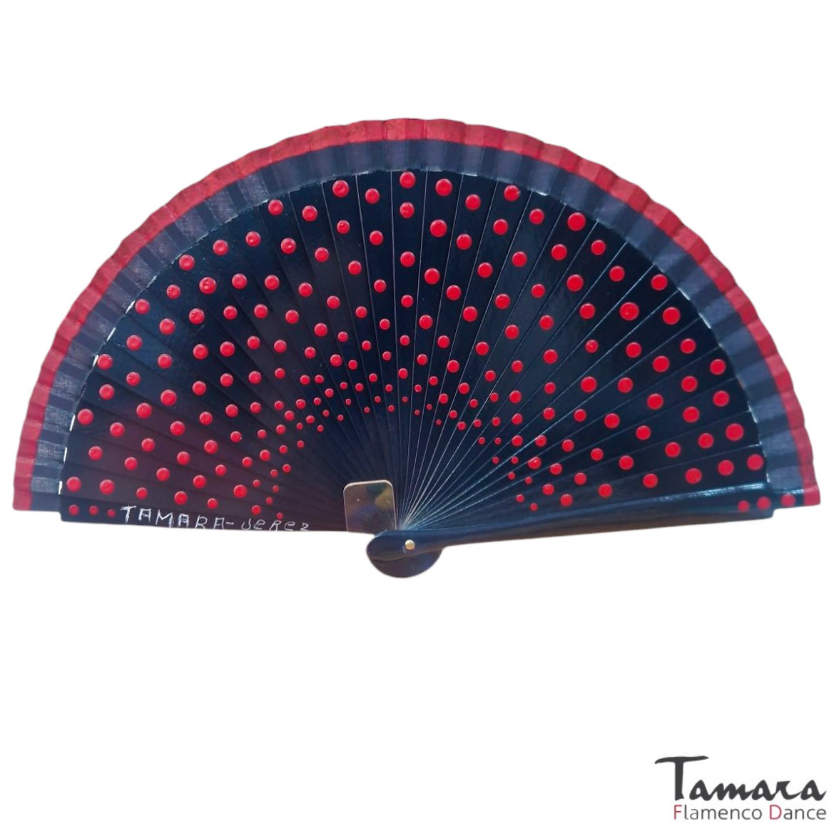 Abanico flamenco (19 cm) - Lunares rojos pintado a mano Azul Marino