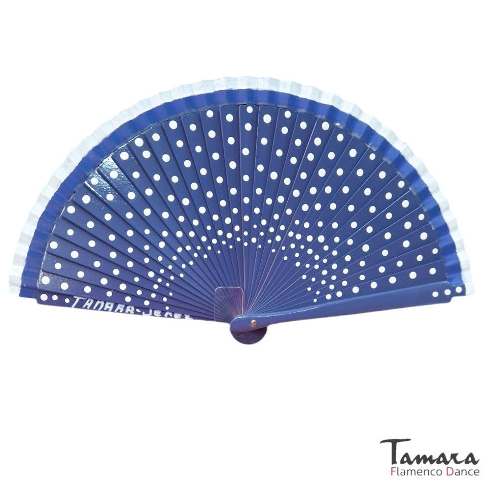 Abanico flamenco (19 cm) - Lunares blancos pintado a mano Azul