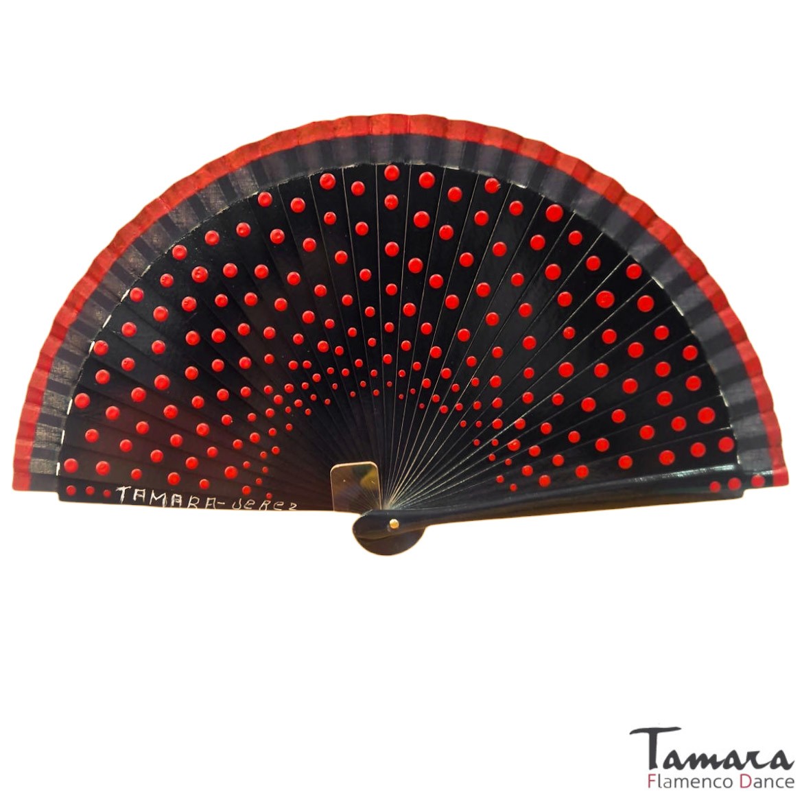 Abanico flamenco (19 cm) - Lunares rojos pintado a mano Negro