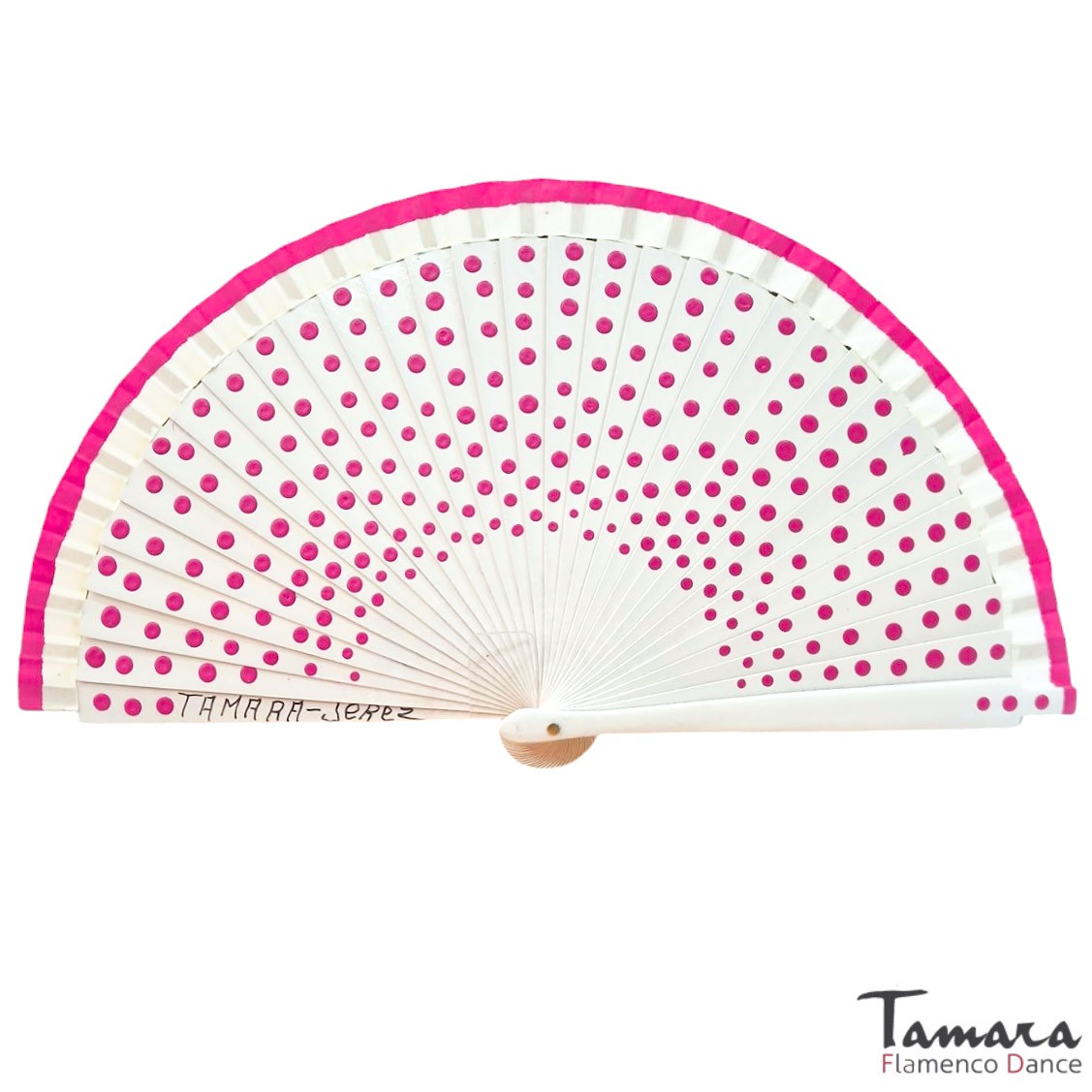 Abanico pintado a mano (19 cm) - Lunares fuxia Marfil