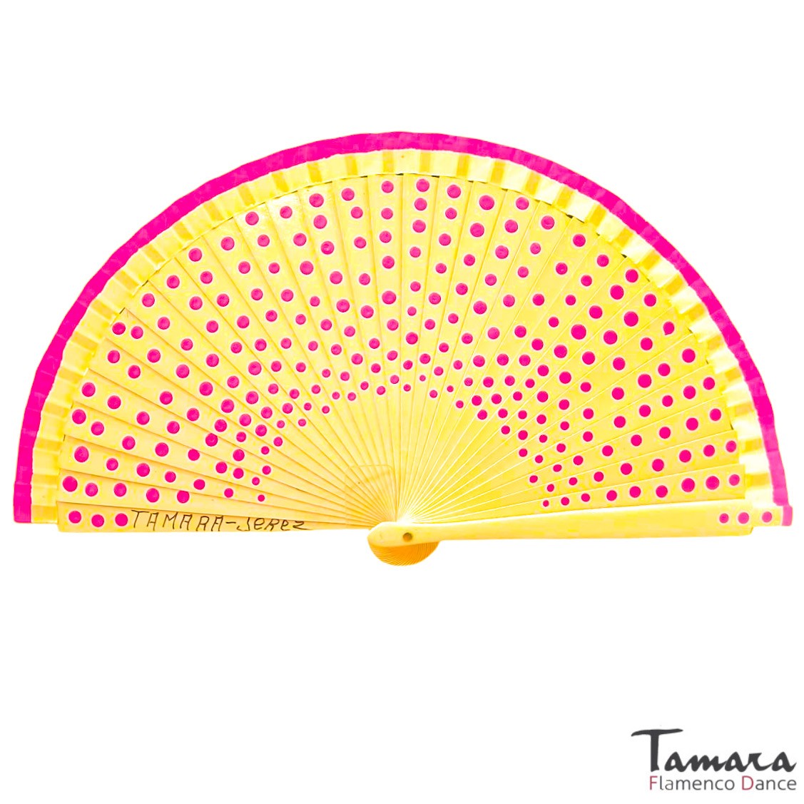 Abanico pintado a mano (19 cm) - Lunares fuxia Amarillo