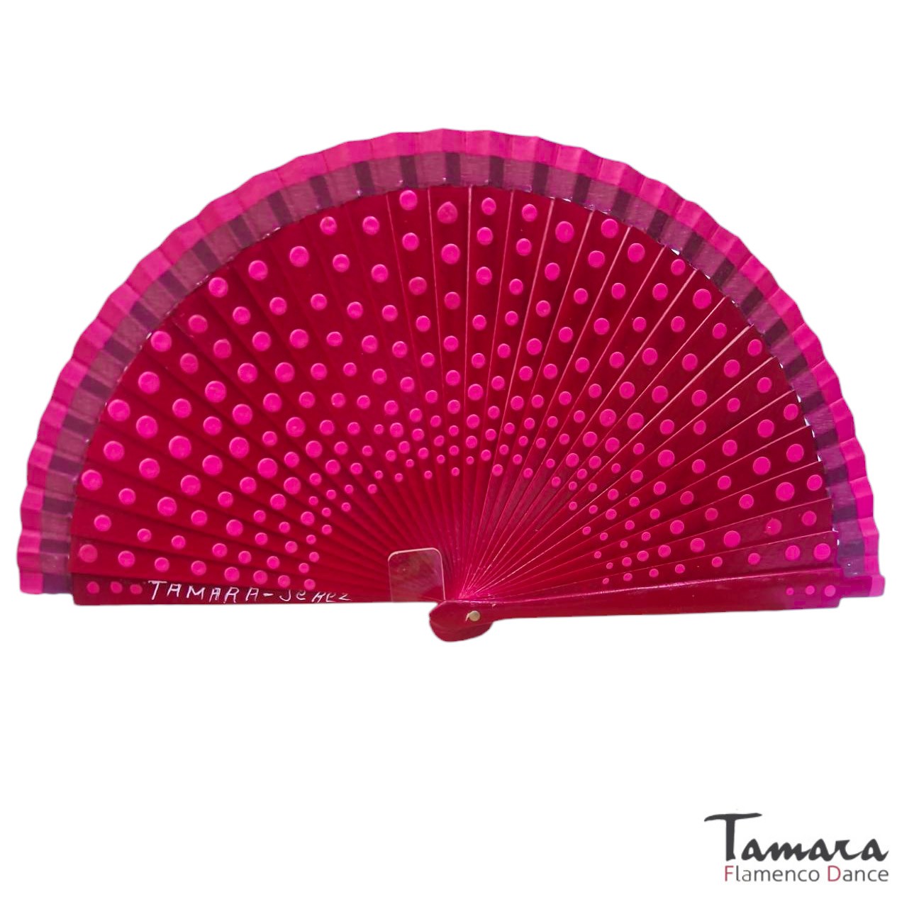 Abanico pintado a mano (19 cm) - Lunares fuxia Burdeos
