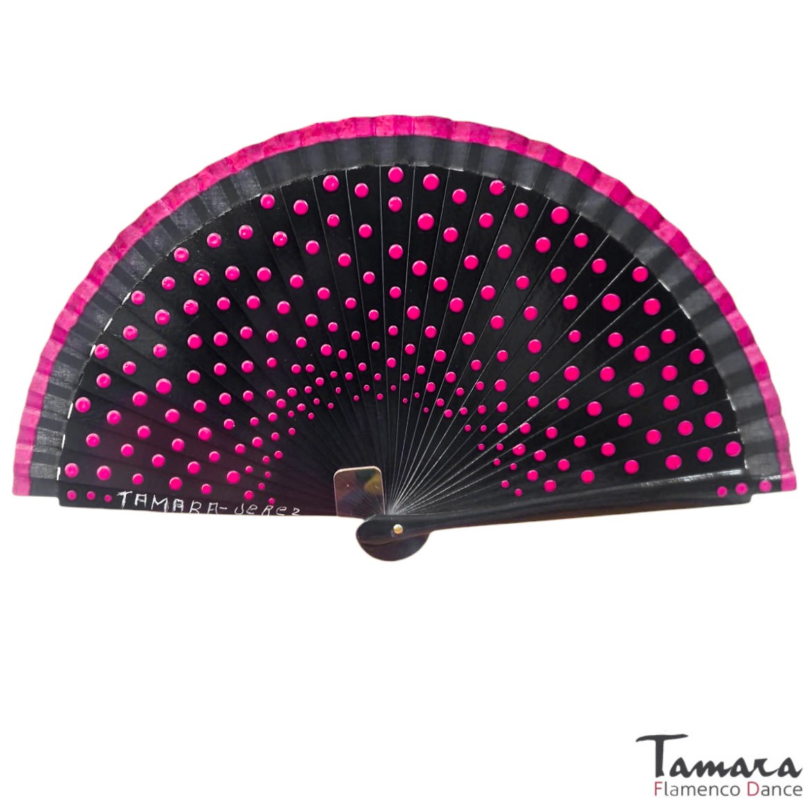 Abanico pintado a mano (19 cm) - Lunares fuxia Negro