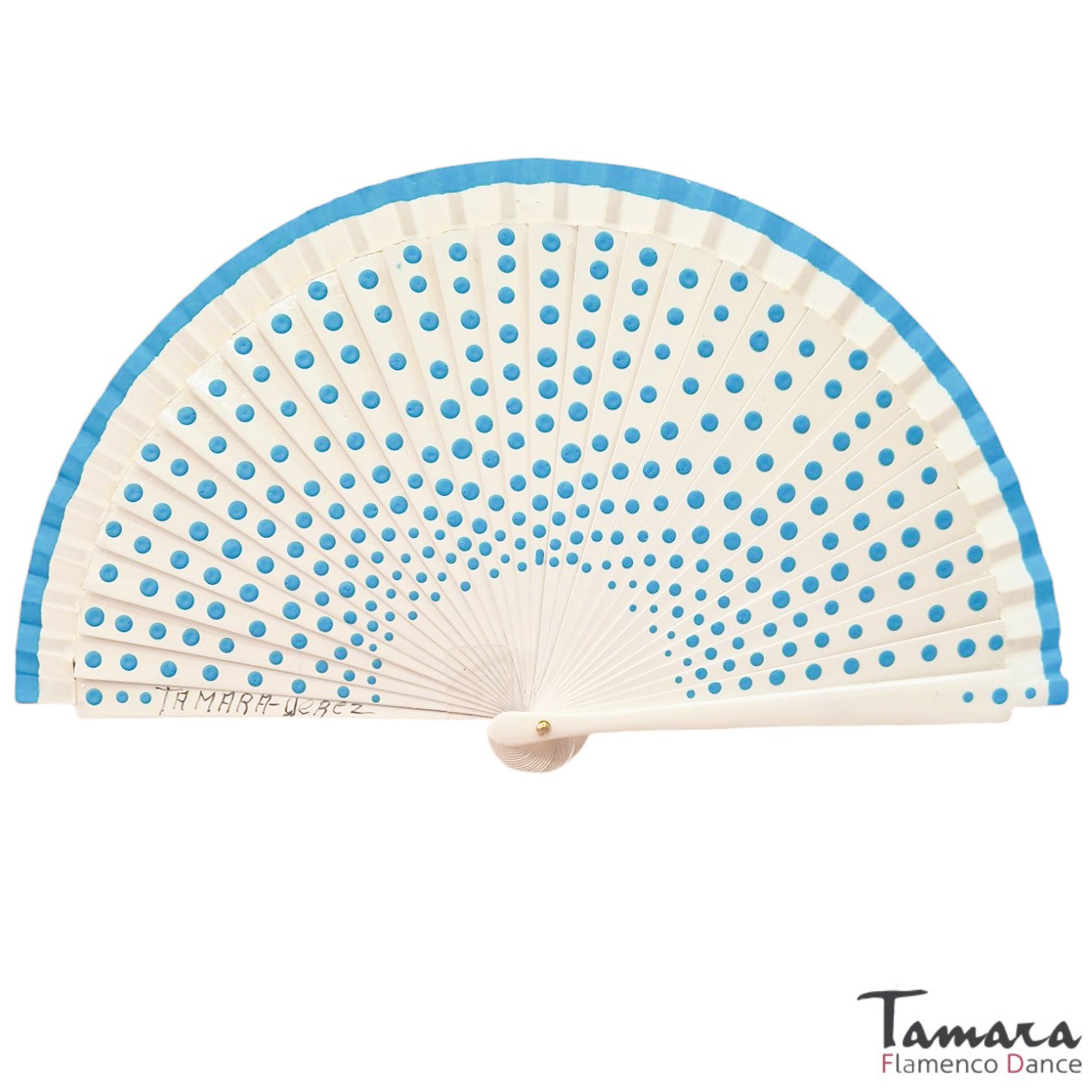 Abanico pintado a mano (19 cm) - Lunares turquesa Marfil