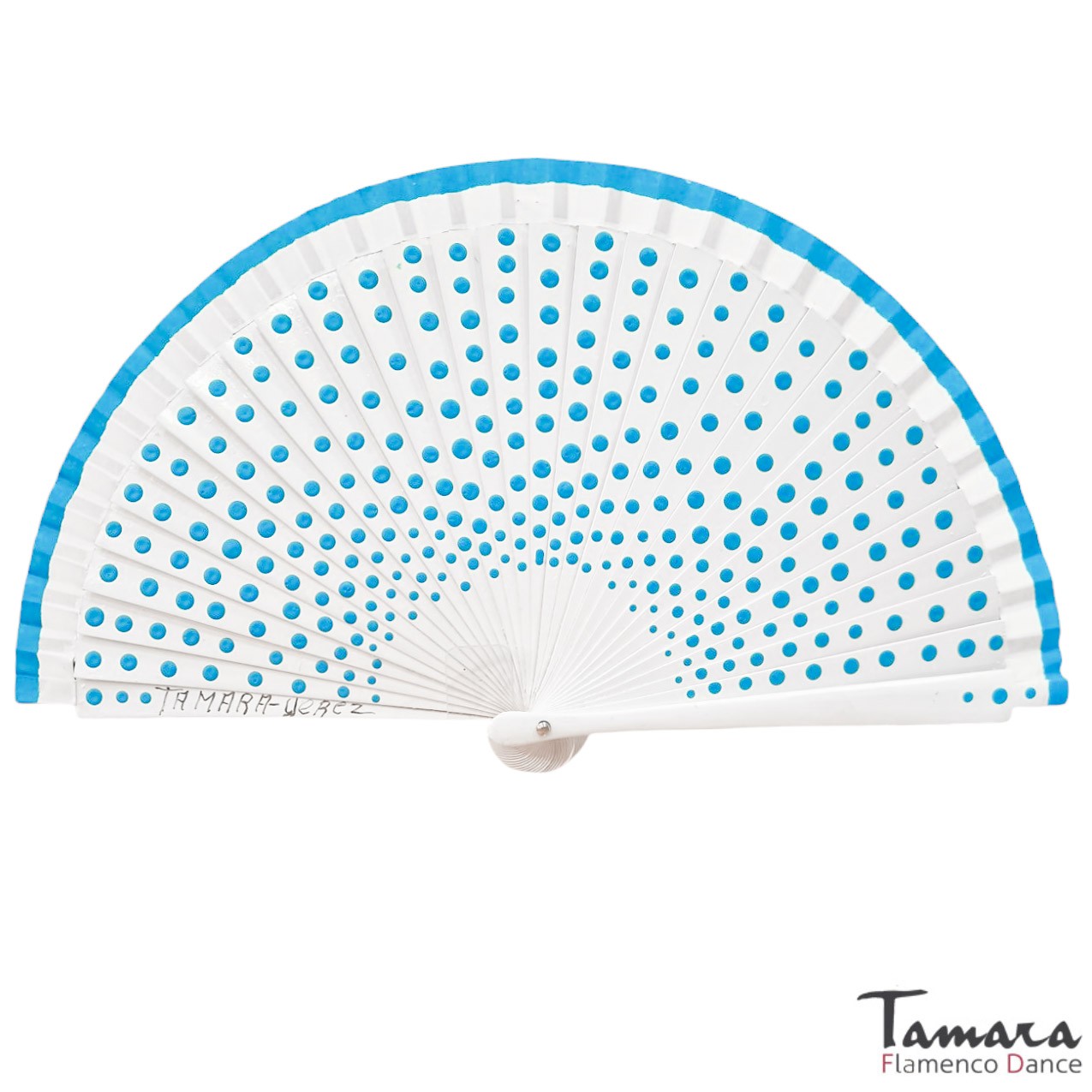 Abanico pintado a mano (19 cm) - Lunares turquesa Blanco