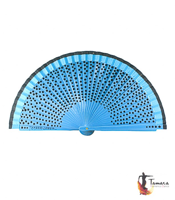 Abanico flamenco (19 cm) - Lunares negros pintado a mano Turquesa