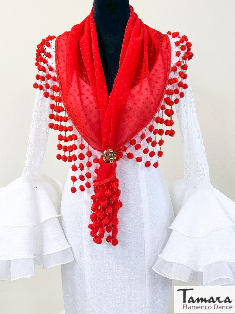 Mantoncillo flamenca artesano con madroños Rojo