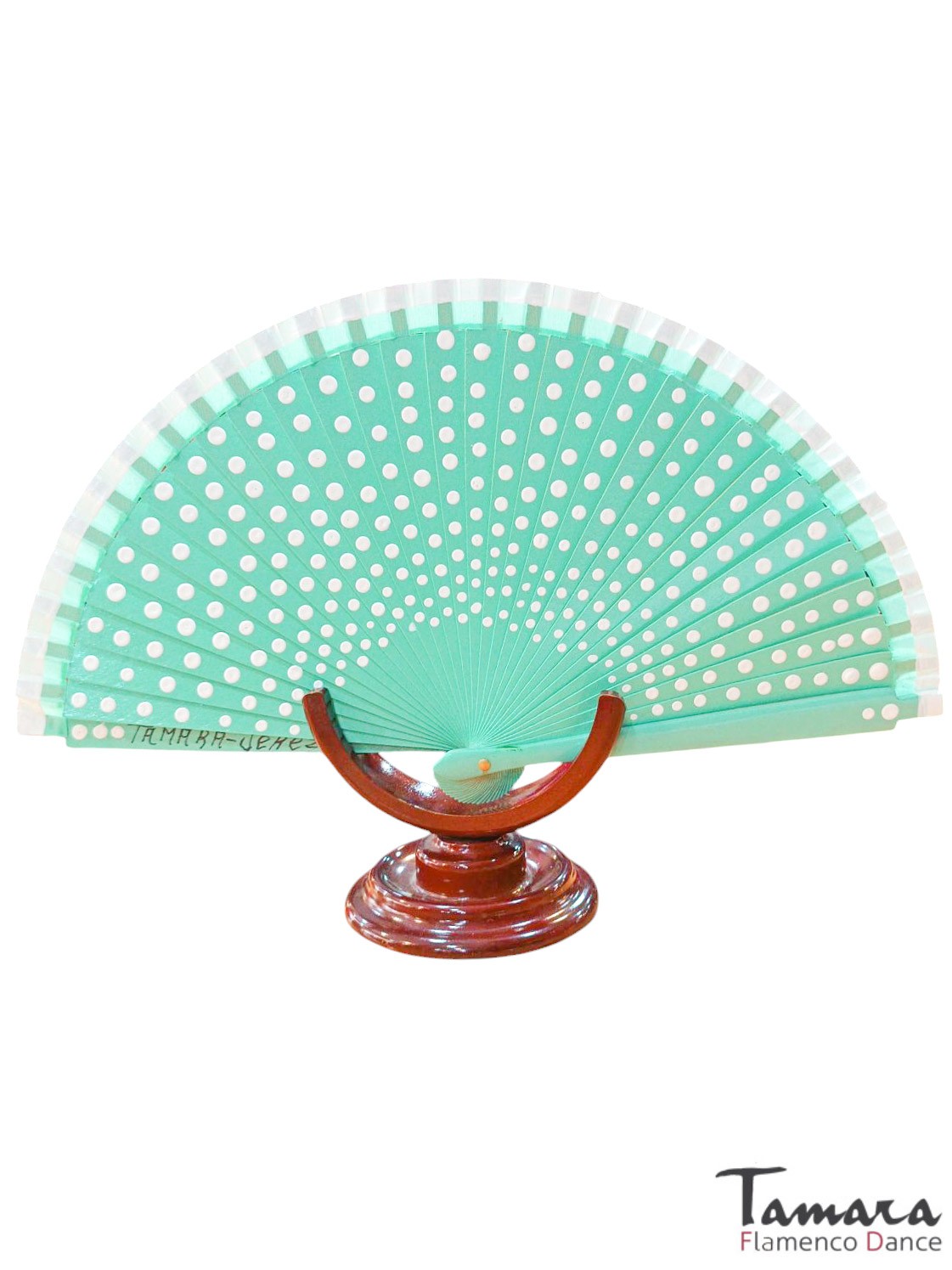 Abanico flamenco (19 cm) - Lunares blancos pintado a mano Verde Agua