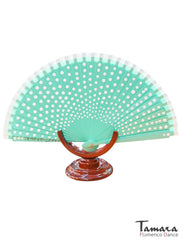 Abanico flamenco (19 cm) - Lunares blancos pintado a mano Verde Agua