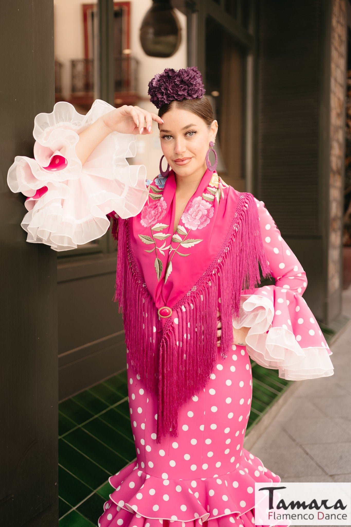 Traje de flamenca Clavel fuxia lunar blanco