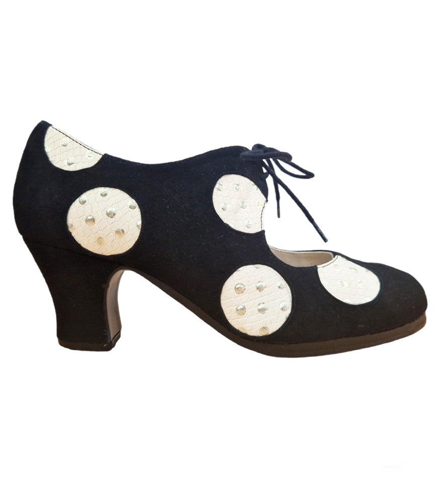 Zapatos de flamenco Cordonera Lunares Negro-Beige Carrete 6cm