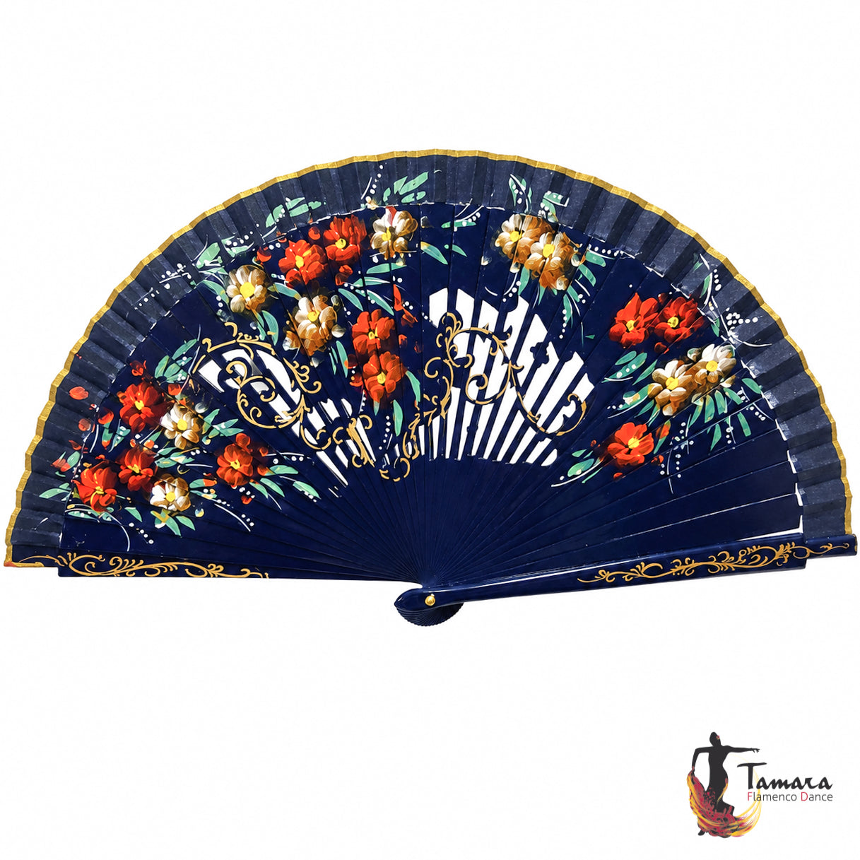 Abanico español pintado (23 cm) - Floral Azul marino