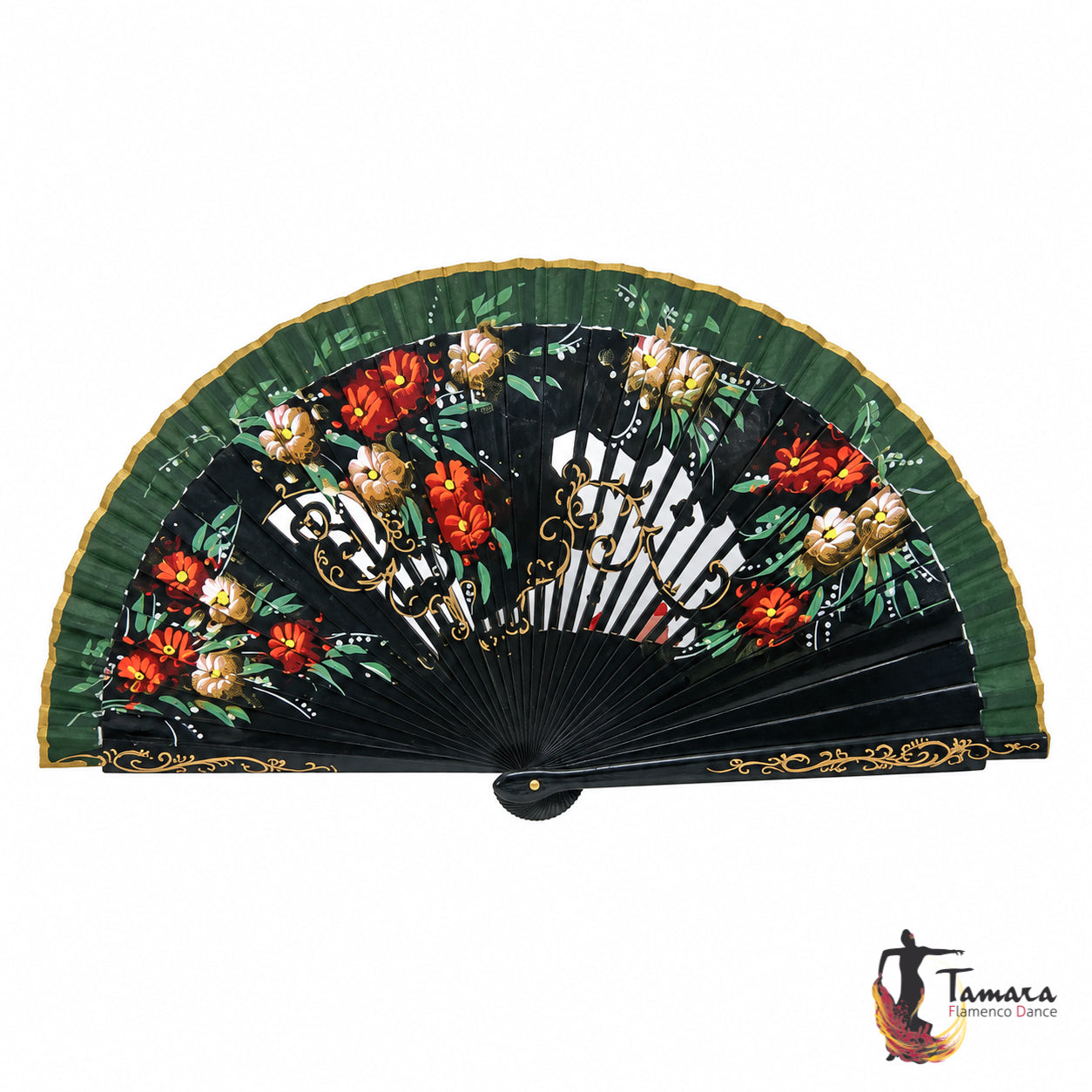 Abanico español pintado (23 cm) - Floral Verde botella
