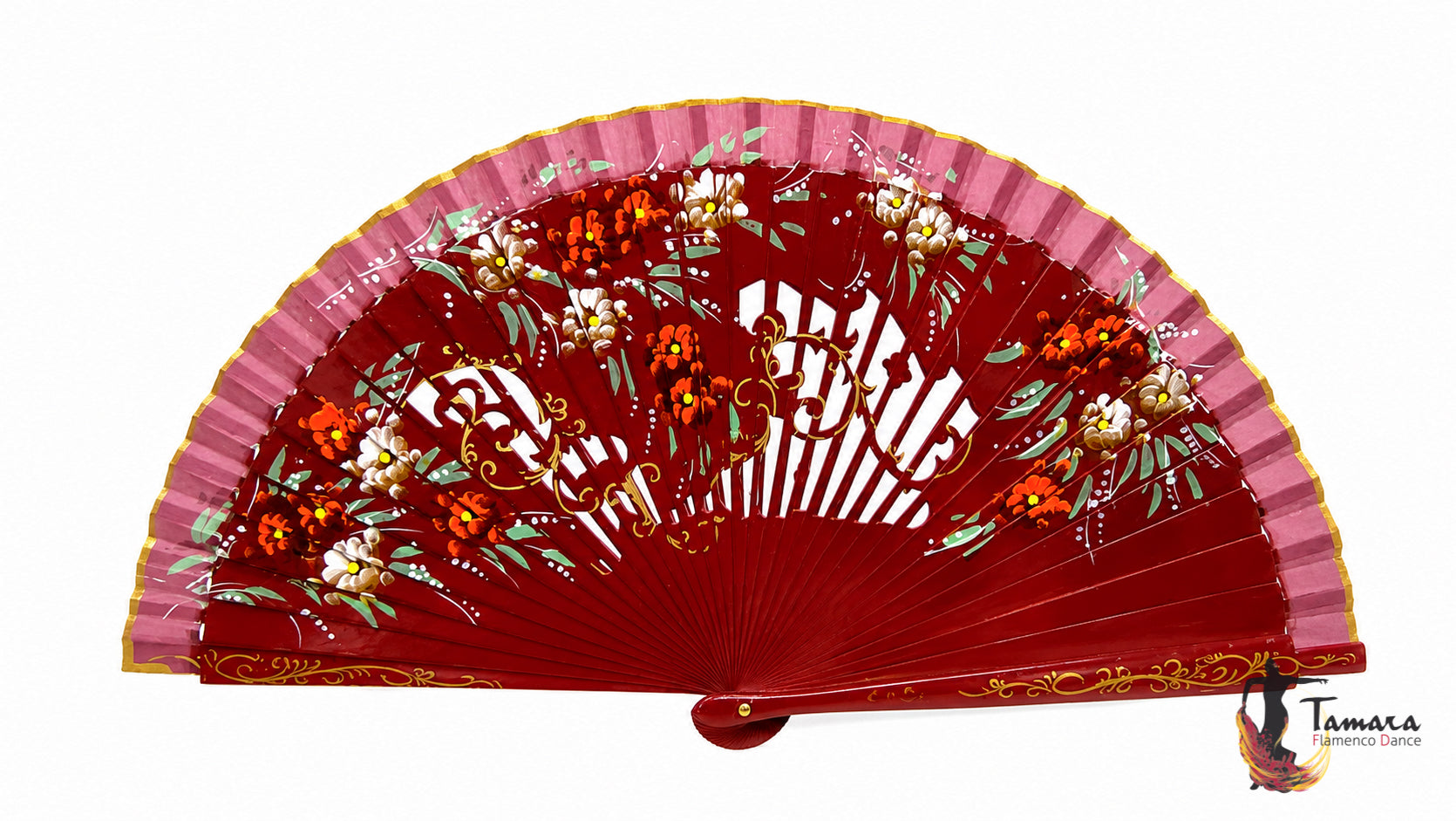 Abanico español pintado (23 cm) - Floral Burdeos