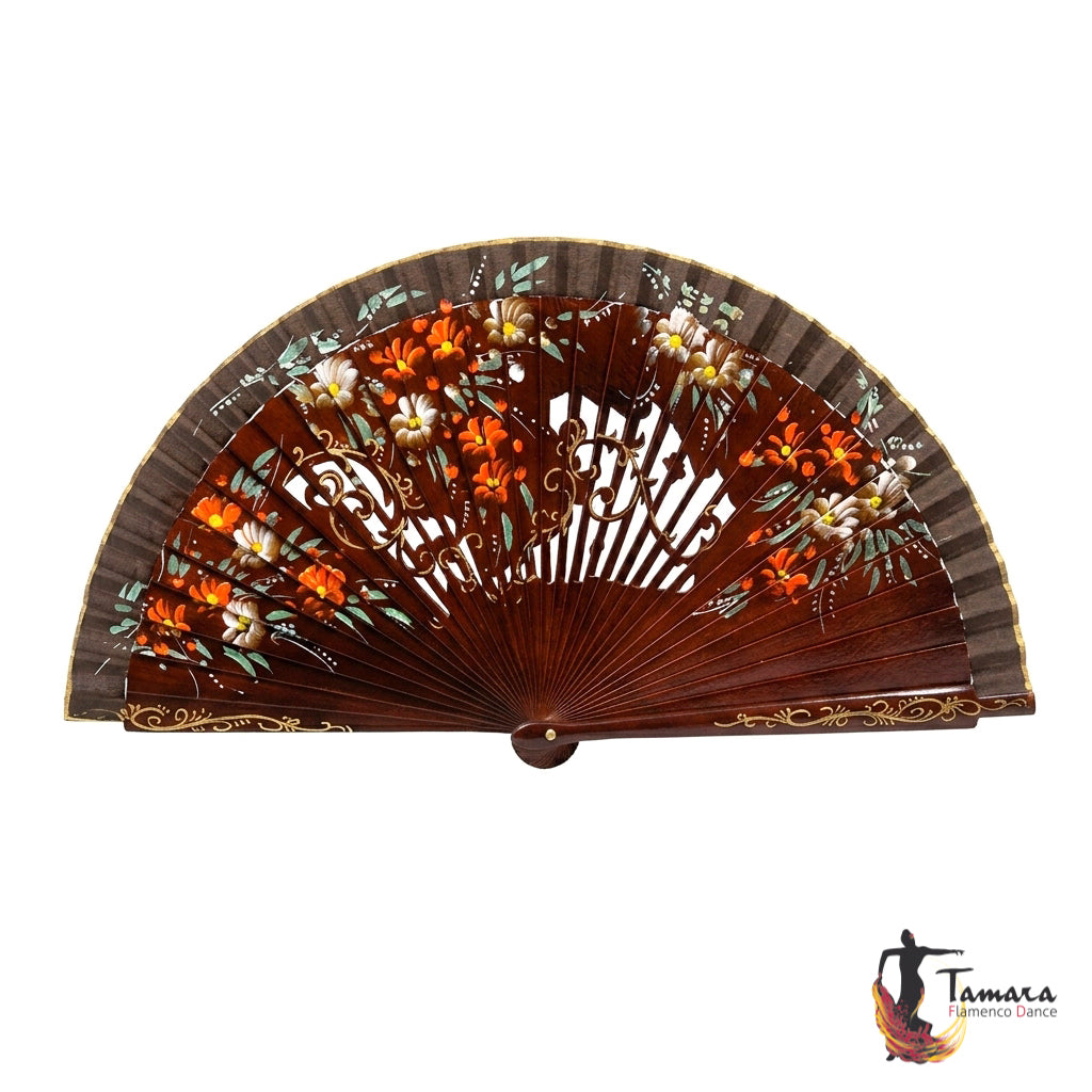 Abanico español pintado (23 cm) - Floral Marron Nogal