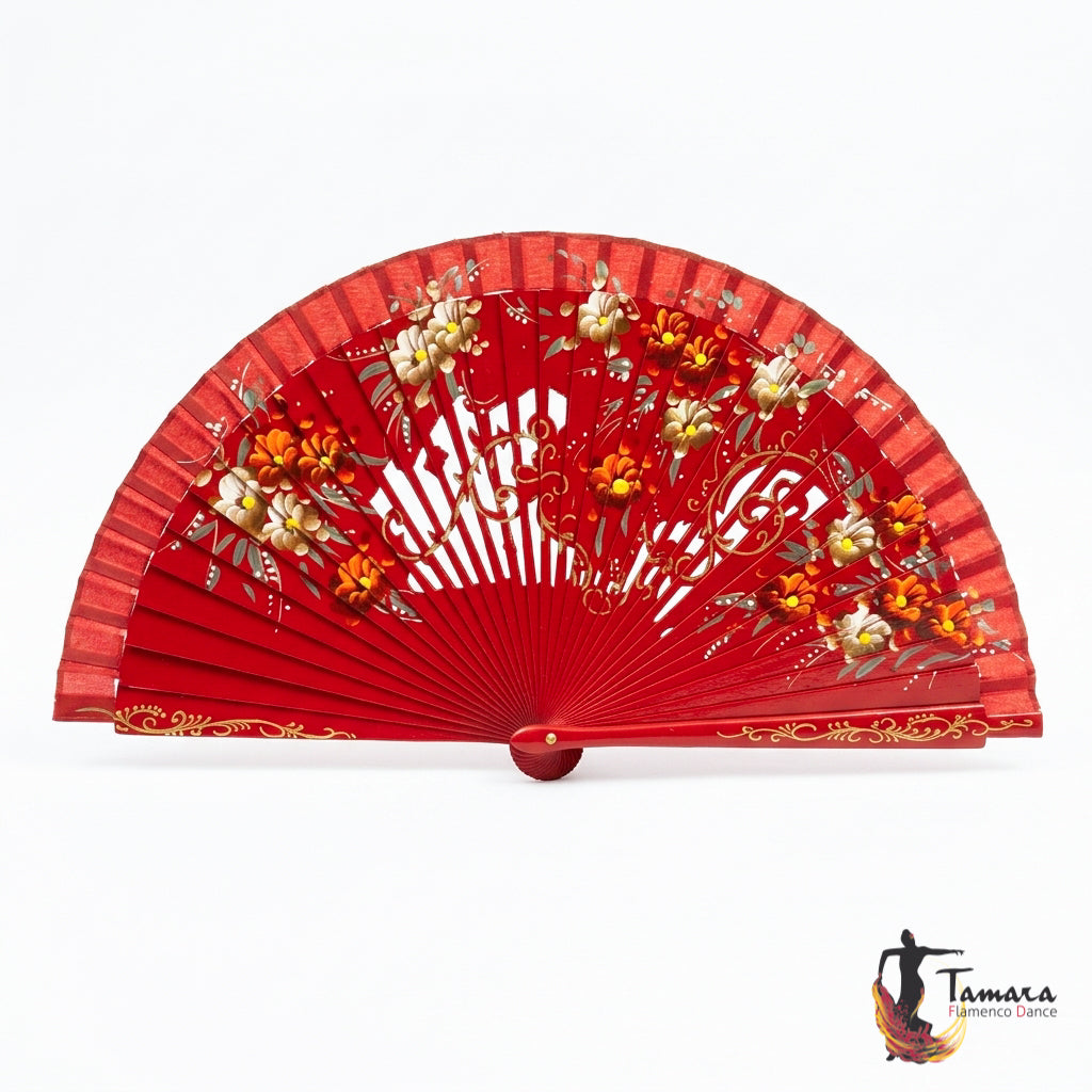 Abanico español pintado (23 cm) - Floral Rojo