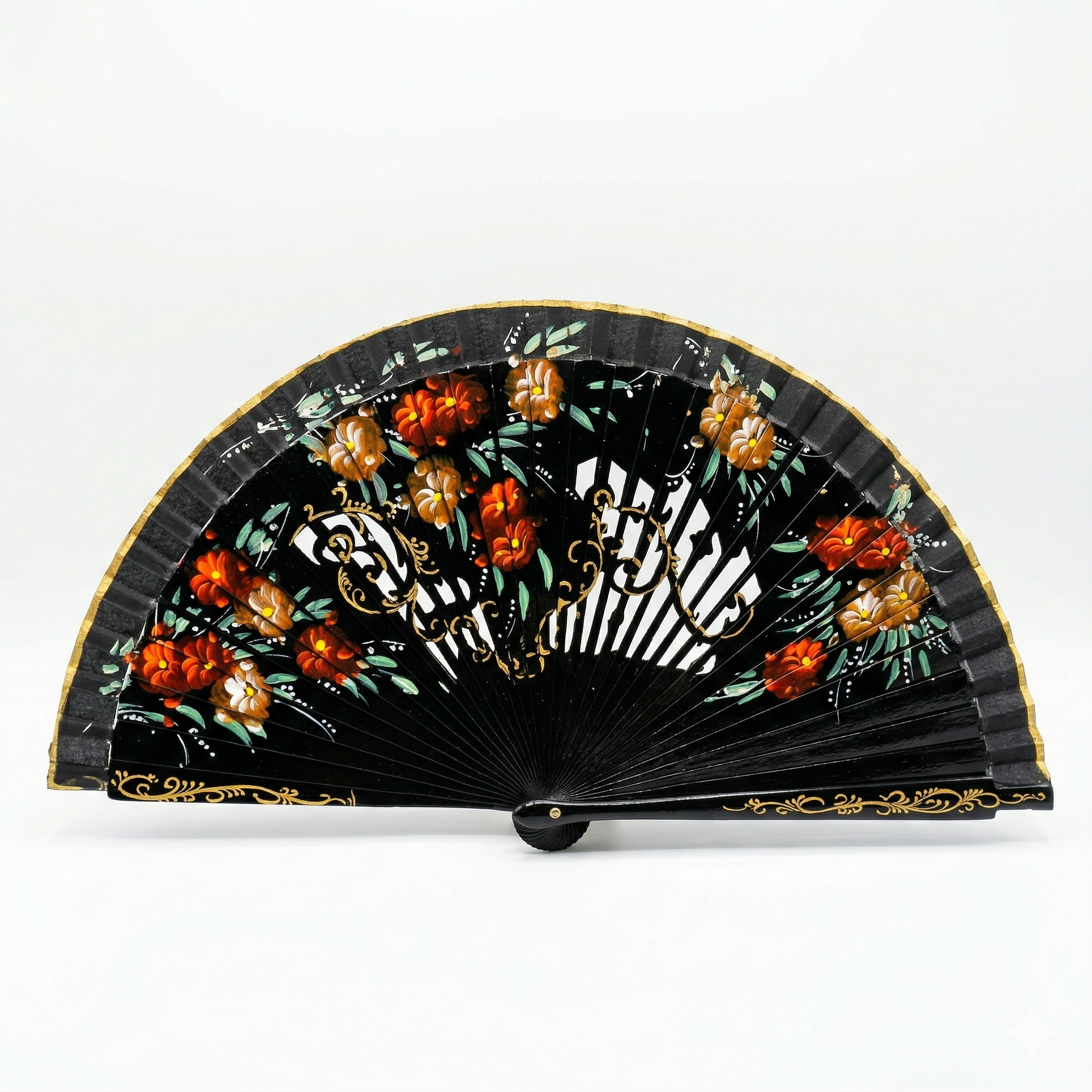 Abanico español pintado (23 cm) - Floral Negro