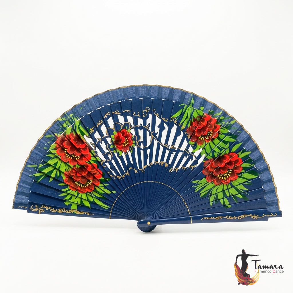 Abanico español pintado (23 cm) - Peonias Azul