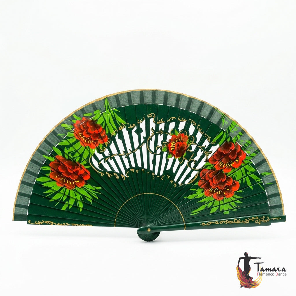 Abanico español pintado (23 cm) - Peonias Verde Botella