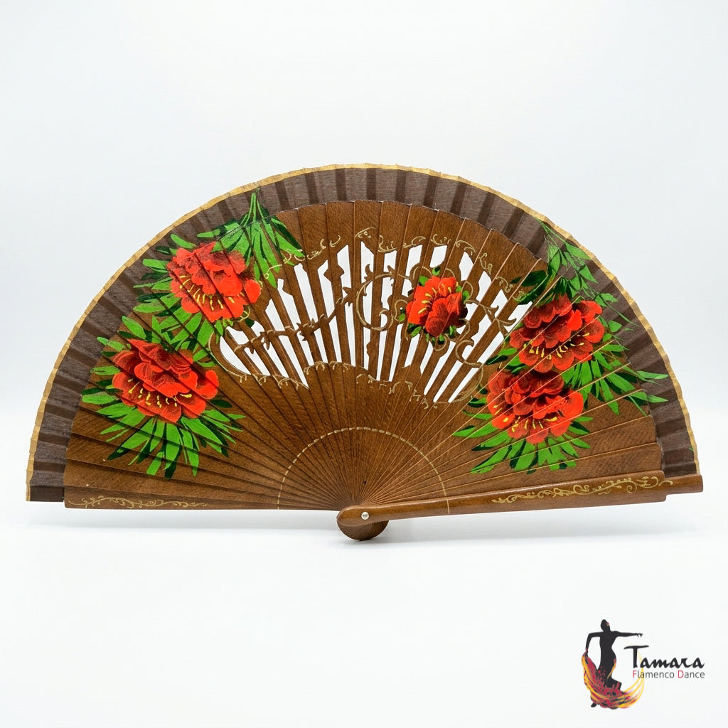 Abanico español pintado (23 cm) - Peonias Marron