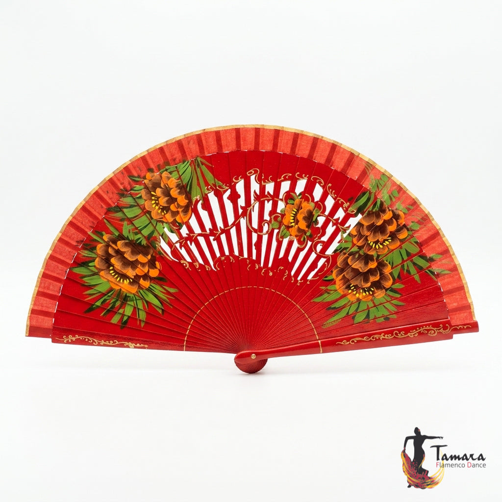 Abanico español pintado (23 cm) - Peonias Rojo