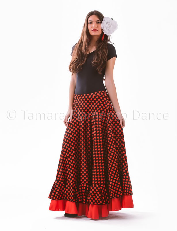 Falda flamenco Alborea lunares - Punto Negro con lunares Rojos y volante rojo
