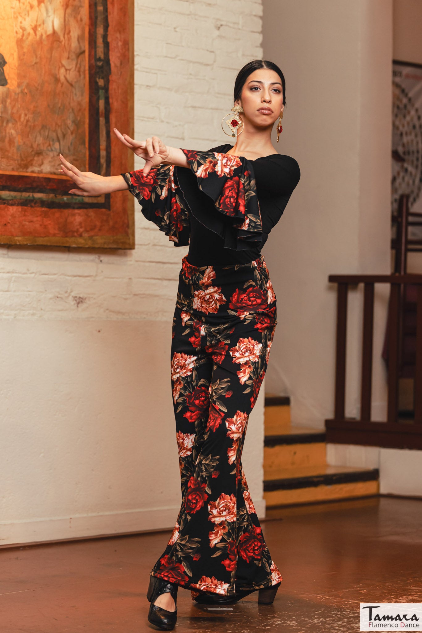 Pantalon Casino - Punto elástico Estampado Claveles