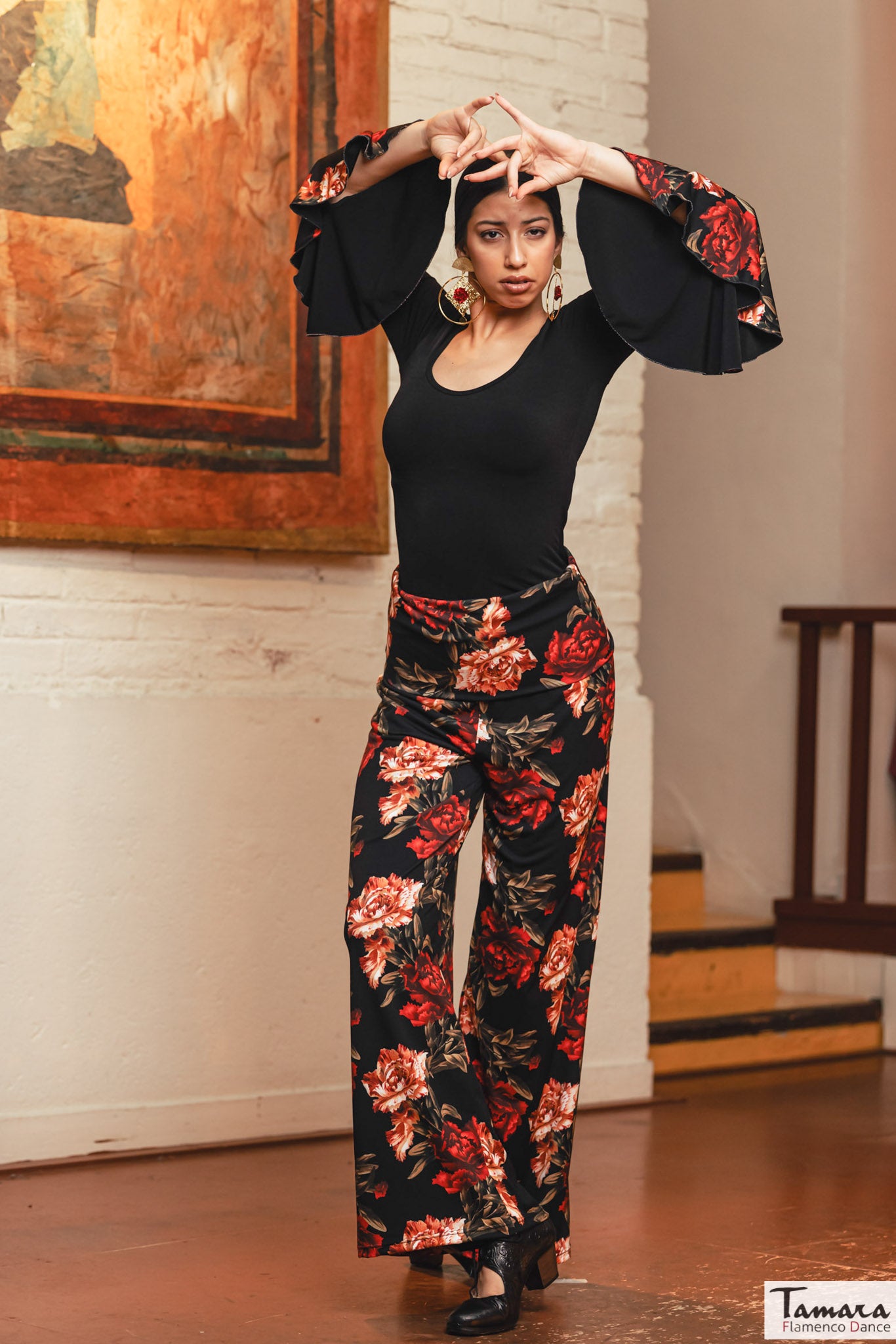 Pantalon Casino - Punto elástico Estampado Claveles