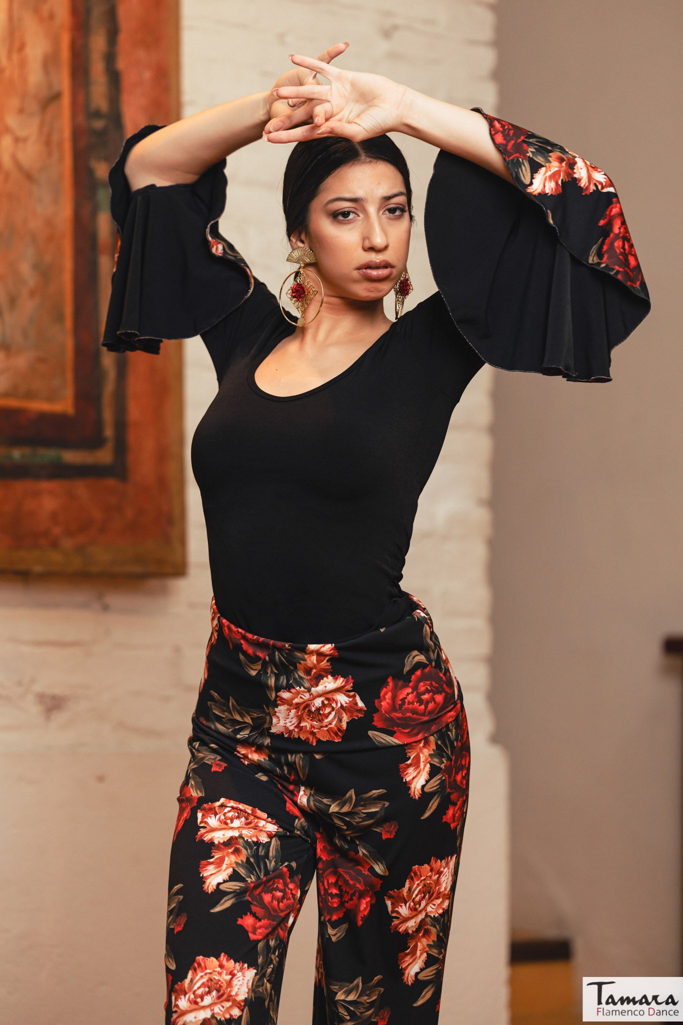 Pantalon Casino - Punto elástico Estampado Claveles