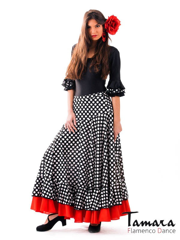 Falda flamenco Alborea lunares - Punto L Negro-lunares blancos y volante rojo