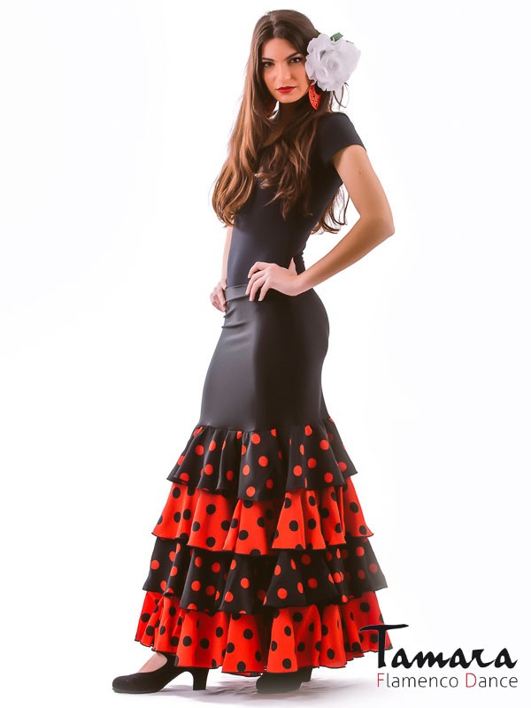 Falda flamenco Buleria - Lycra y koshivo S Negro con lunares rojos y negros