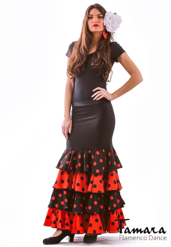 Falda flamenco Buleria - Lycra y koshivo L Negro con lunares rojos y negros