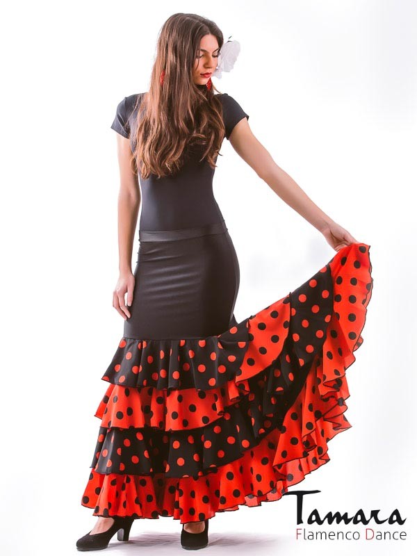 Falda flamenco Buleria - Lycra y koshivo XL Negro con lunares rojos y negros