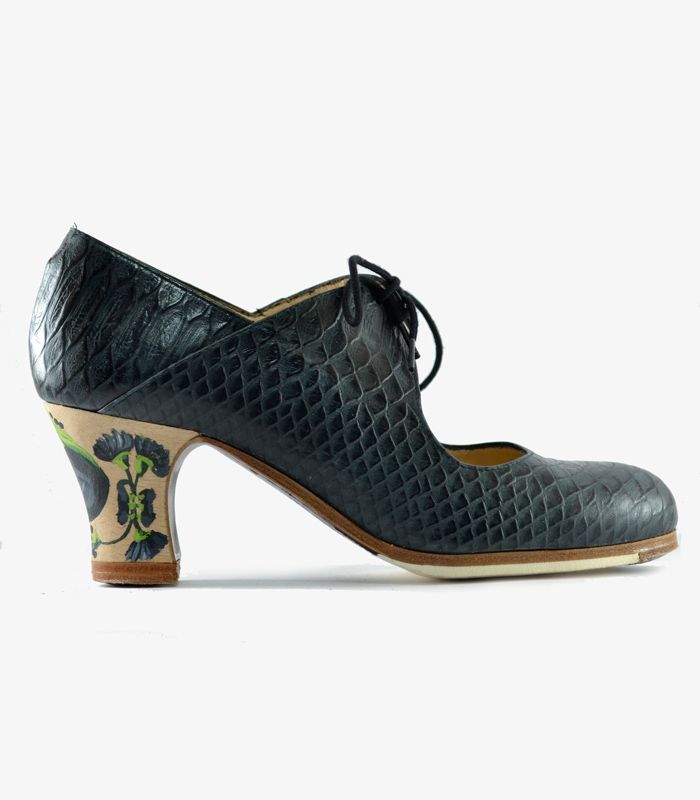 Zapatos de flamenco Arty Serpiente Negra Carrete 6cm Casilda flor negra