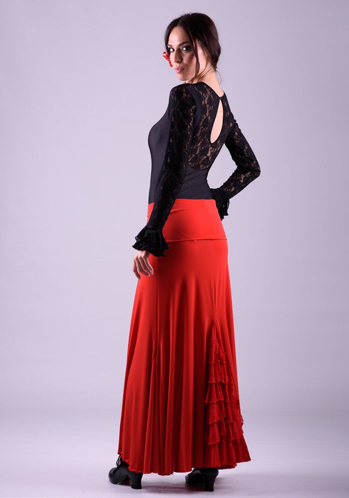Falda flamenco Almería - Viscosa con volante de encaje Rojo