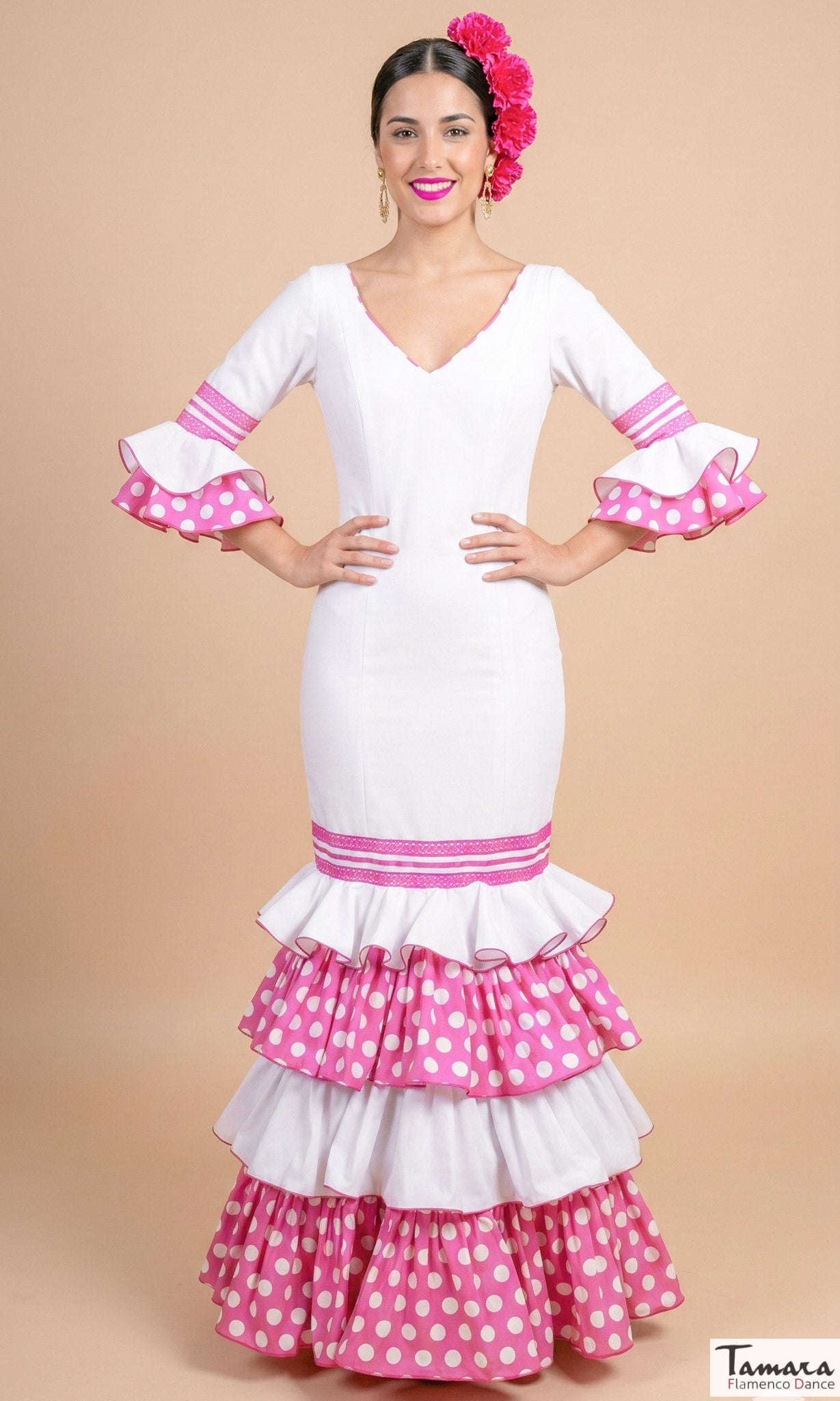 Traje de flamenca Ajoli Blanco/Fuxia