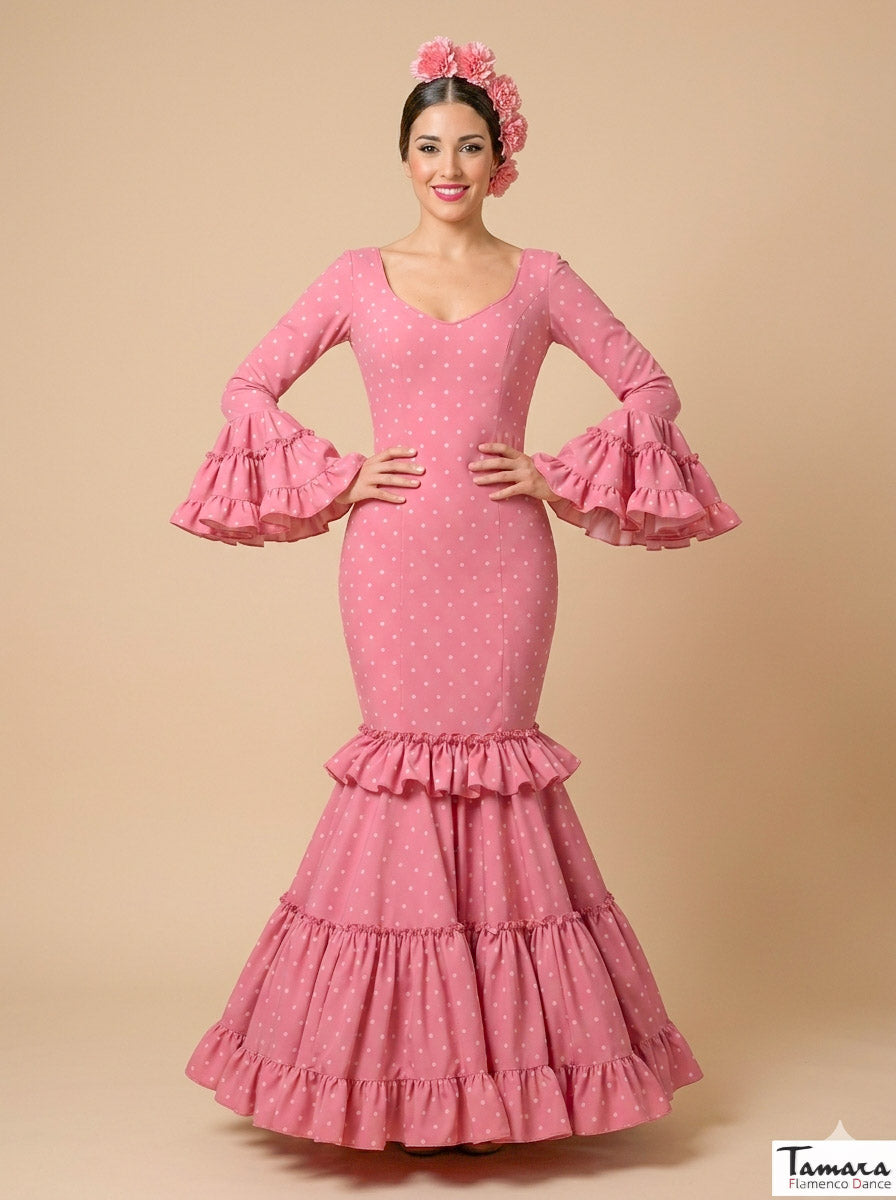 Traje de flamenca Arte Rosa Maquillaje lunares rosas