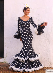 Traje de flamenca Cantares Negro lunares blancos