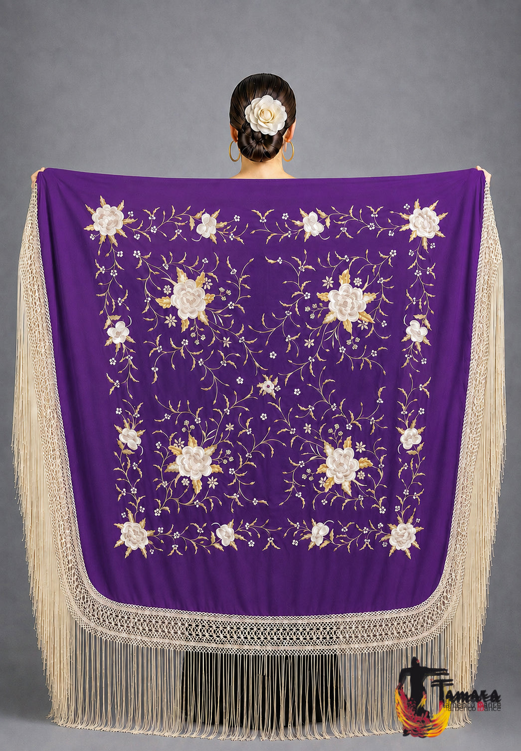 Manton de Manila Primaveral Fleco beige - Bordado Tonos tierra y oro Morado