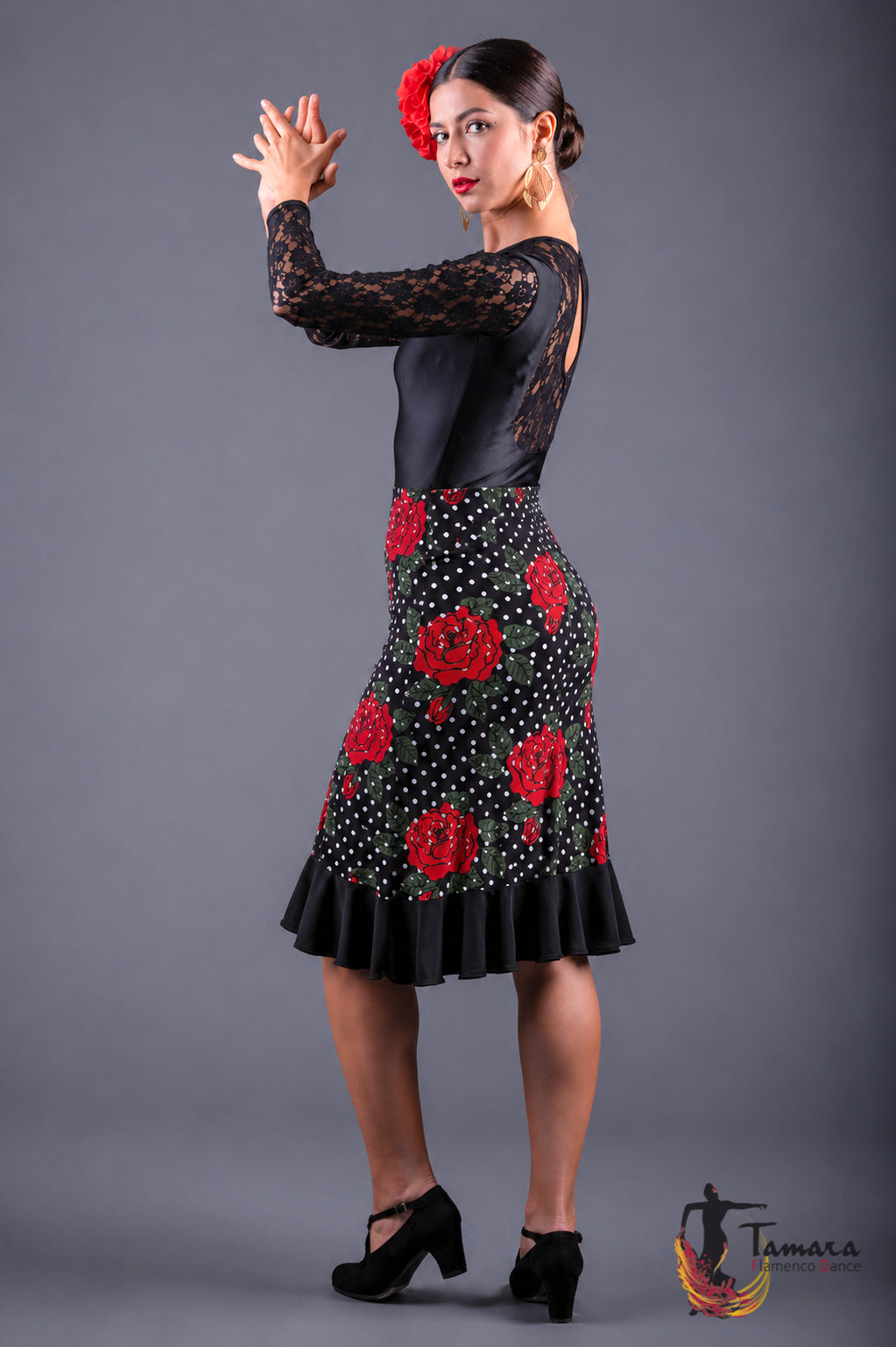 Falda flamenco Pampaneira - Punto Elastico Lunares y rosas Negro lunar blanco