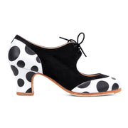 Zapato flamenco Cordoneria ante/piel Blanco lunares negros Carrete 6cm