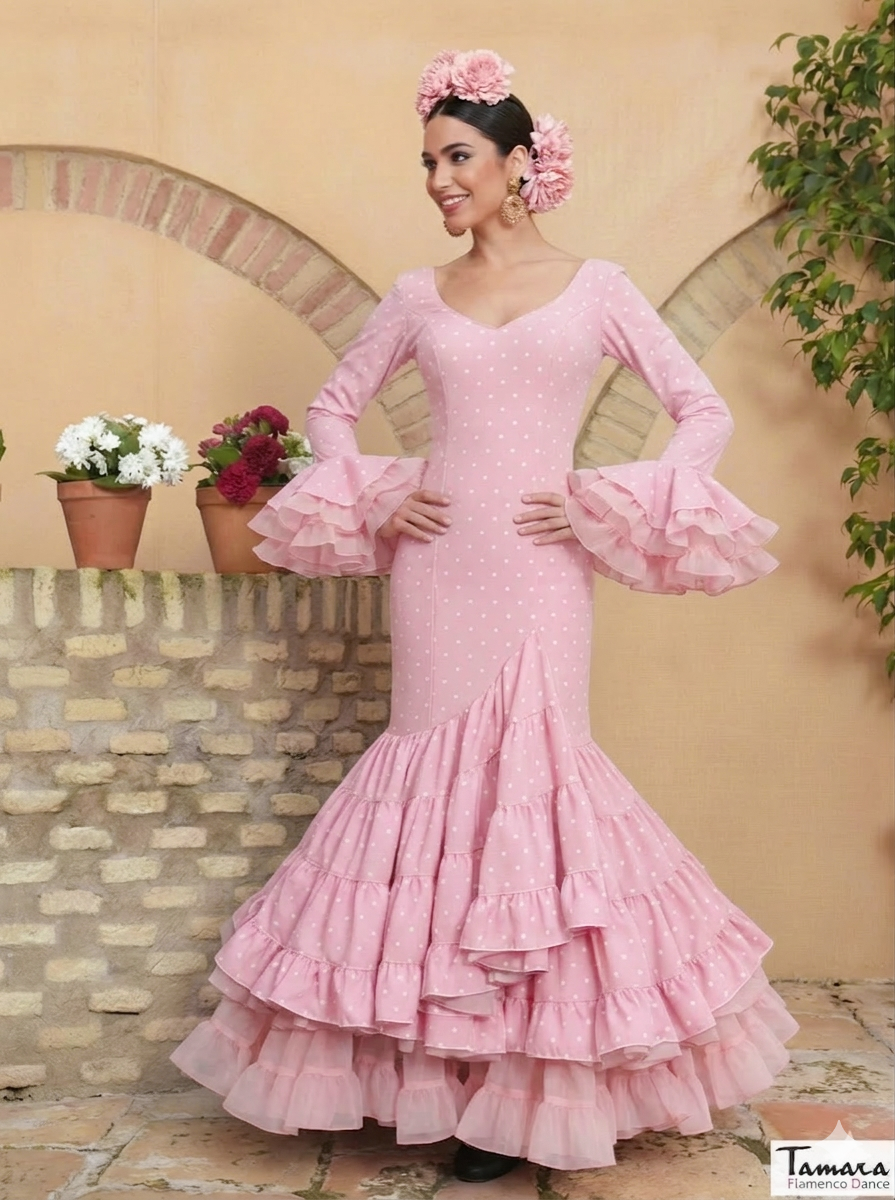 Traje de flamenca Verso Rosa claro lunares rosa bebe