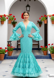 Traje de flamenca Poderío verde agua lunares blancos